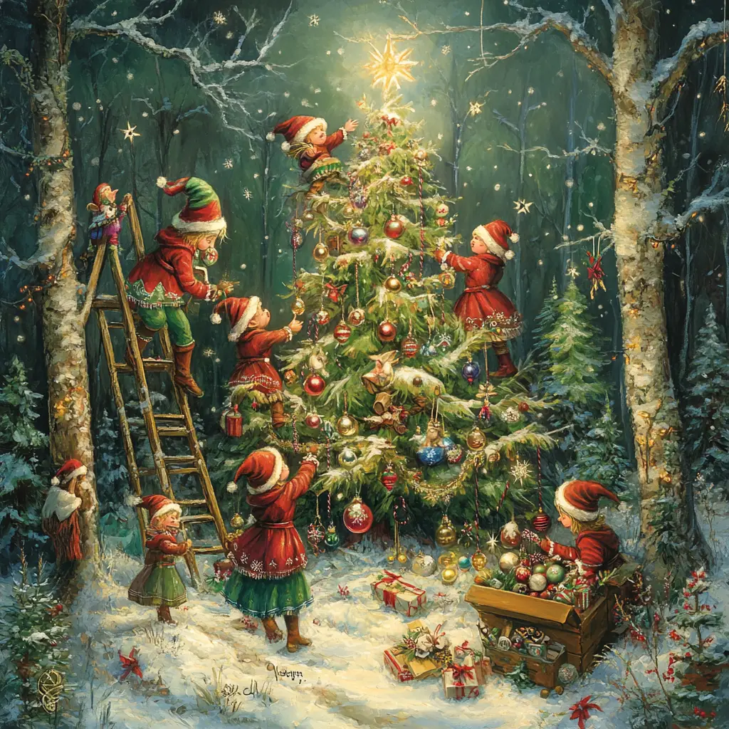 Elves Decorating A Forest Tree In Winter Night