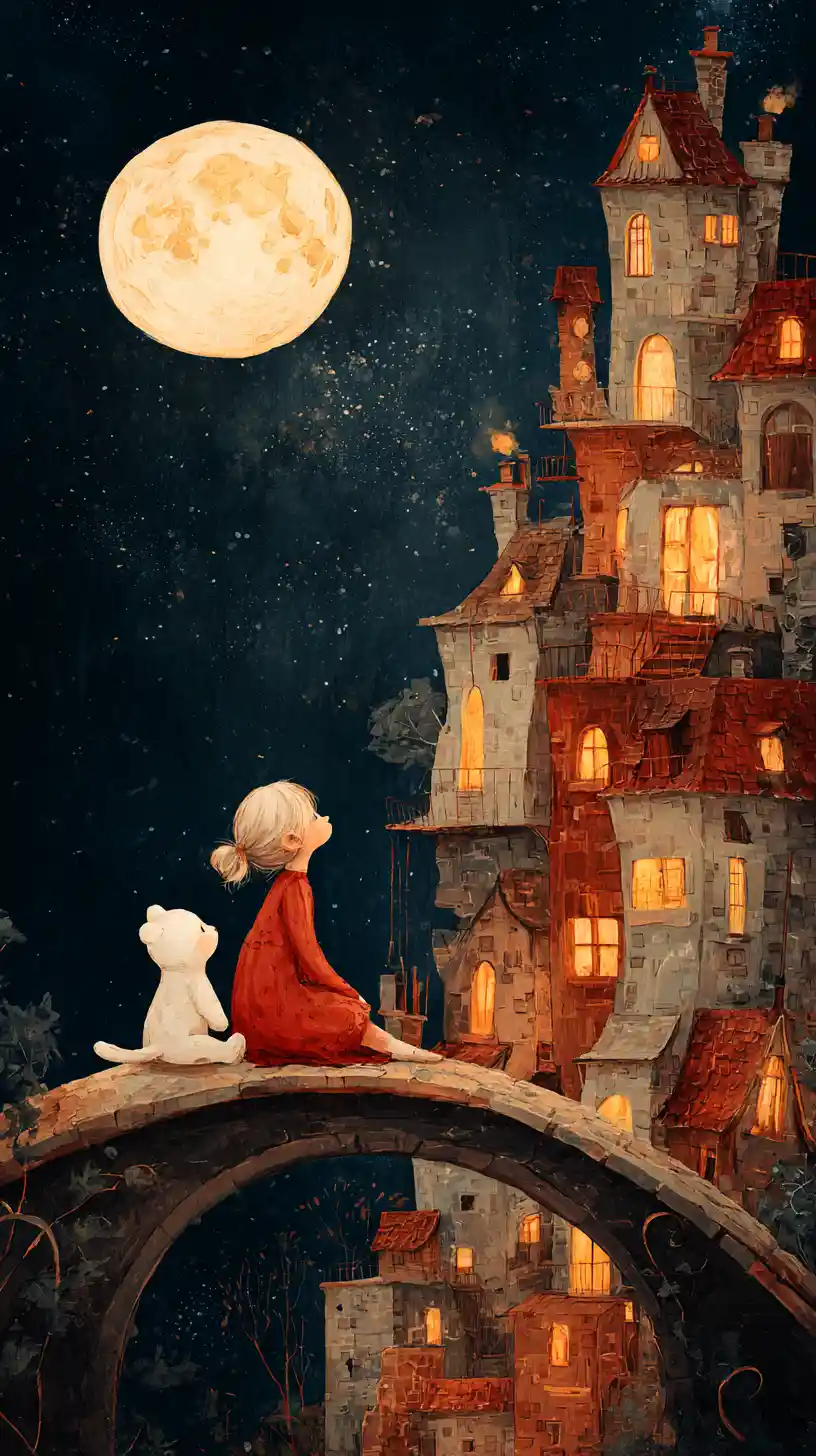 Girl And Teddy Bear On Bridge Under Glowing Moon