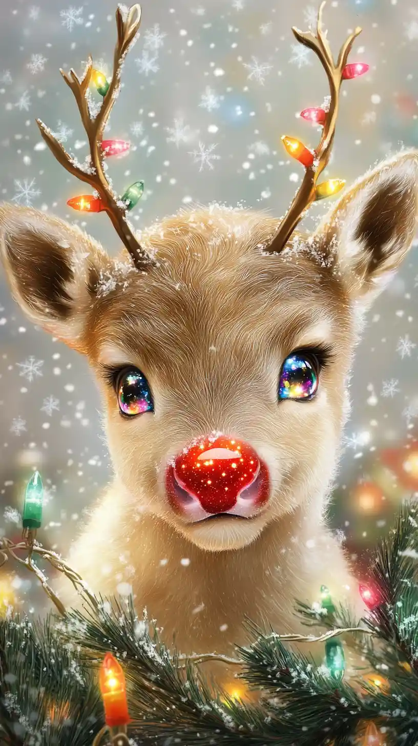 Cute baby reindeer portrait with glowing nose and lights