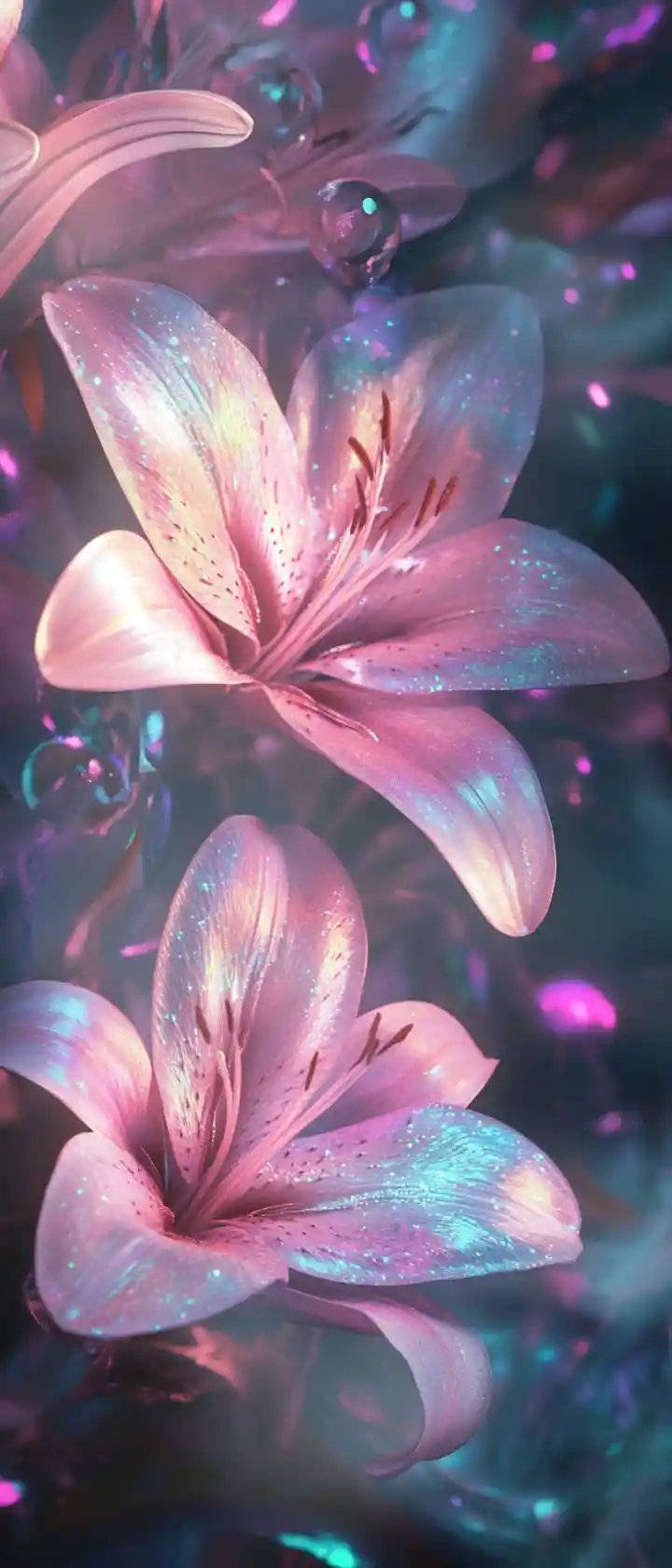 Minimalist anime floral illustration with glowing pink lilies