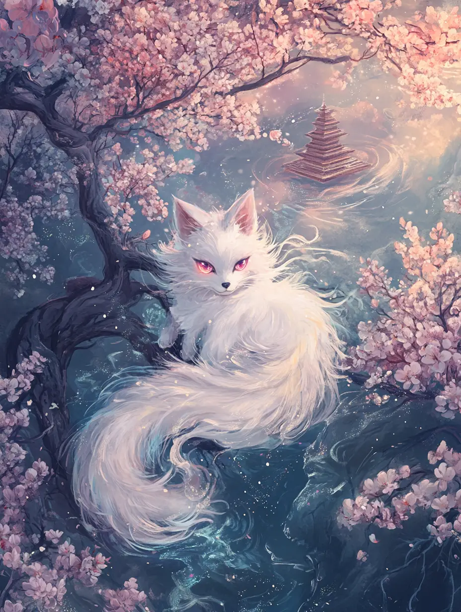 Celestial fox spirit on glowing cherry blossom branch