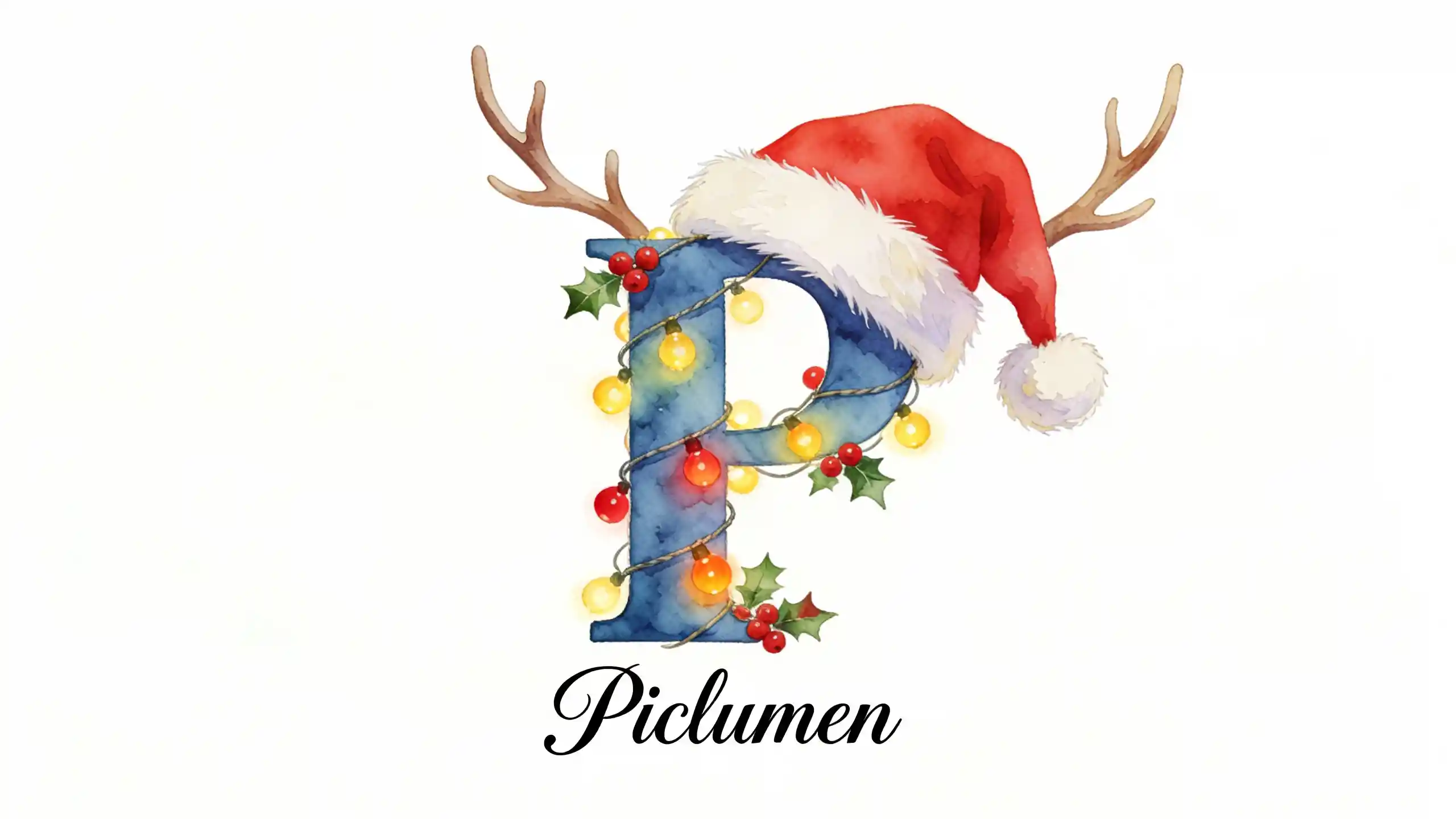 Watercolor Christmas Letter P With Santa Hat And Antlers