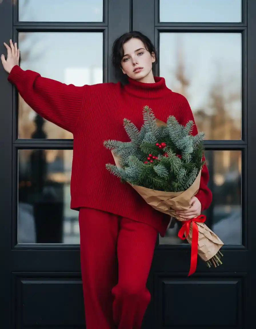 Woman in red outfit with pine bouquet at black glass door