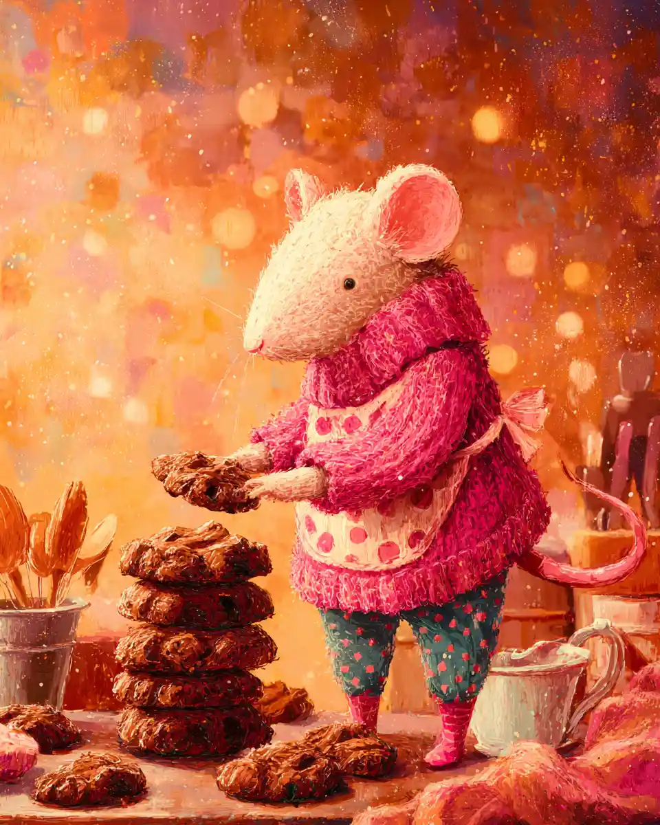 Cozy pirate mouse baking cookies in a dreamy kitchen
