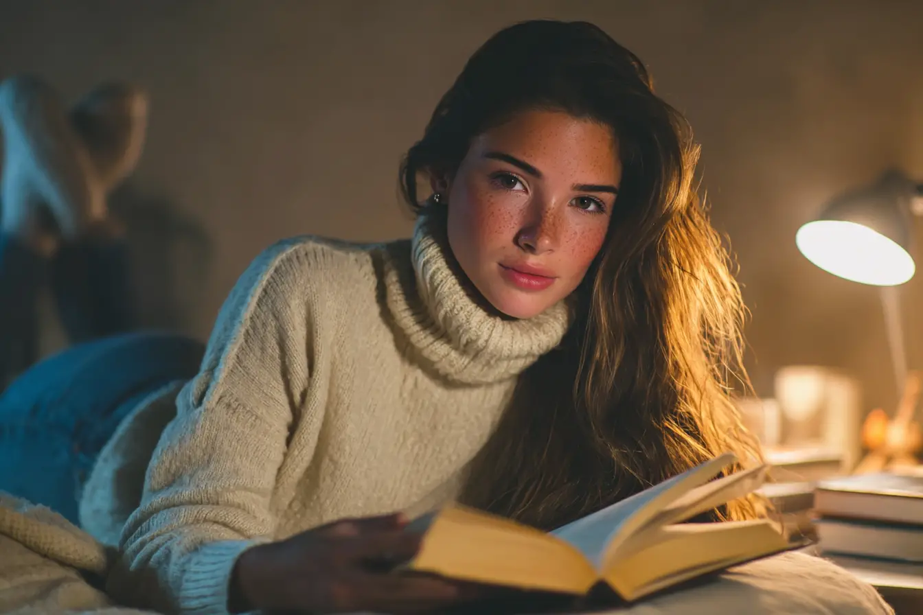 Young woman reading a book by warm table lamp