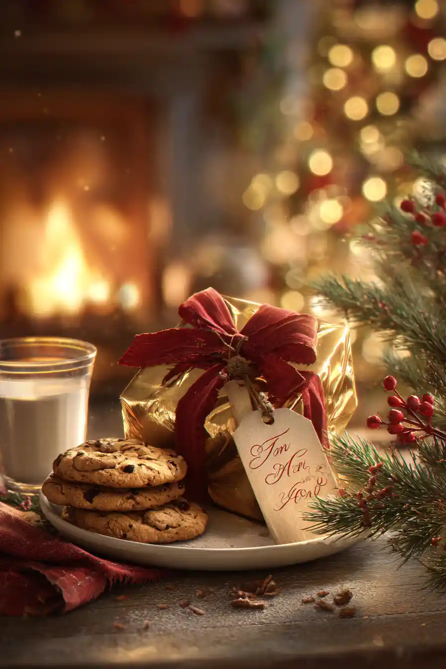 Cozy Christmas cookies milk and gift by the fireplace