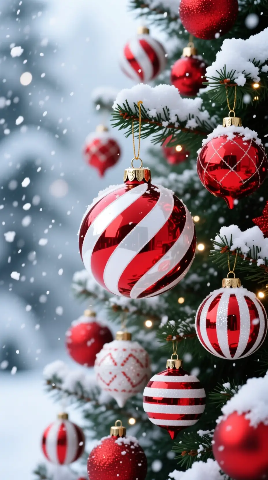 Red striped christmas ornament on snowy outdoor tree