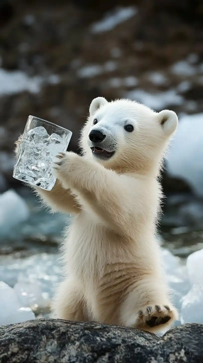 Happy baby polar bear holding a vodka bottle
