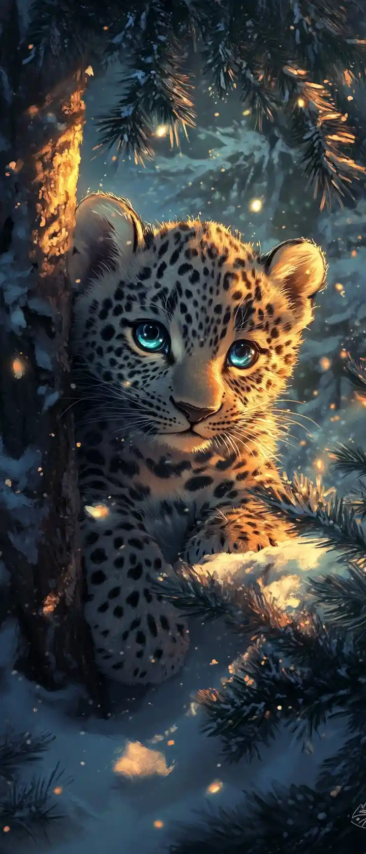 Cute anime leopard cub playing in winter forest