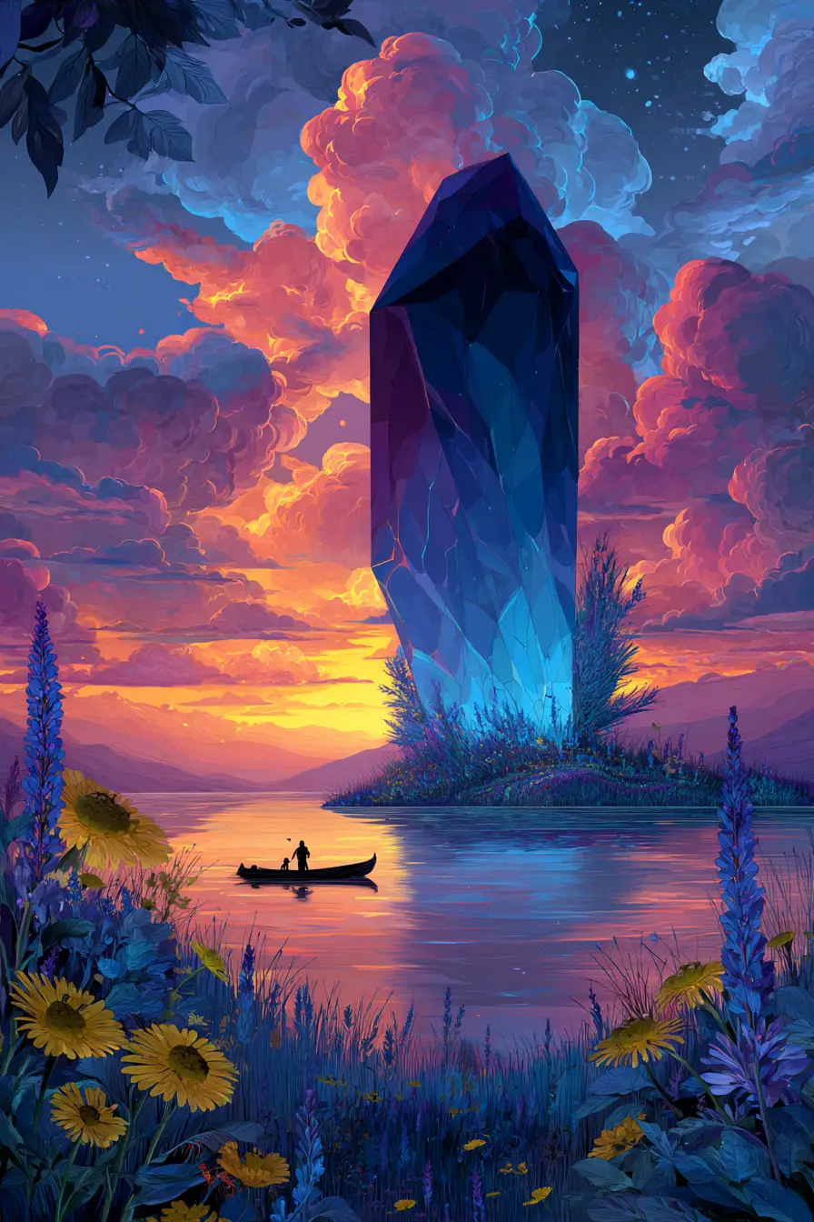 Glowing crystal tower above a tranquil lakeside sunset