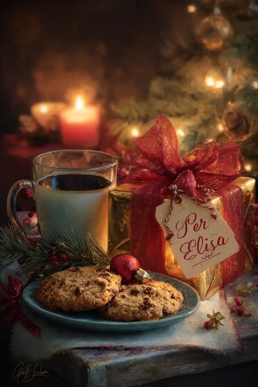 Gemütliche Weihnachtsplätzchen, Kaffee und Geschenk im warmen Licht