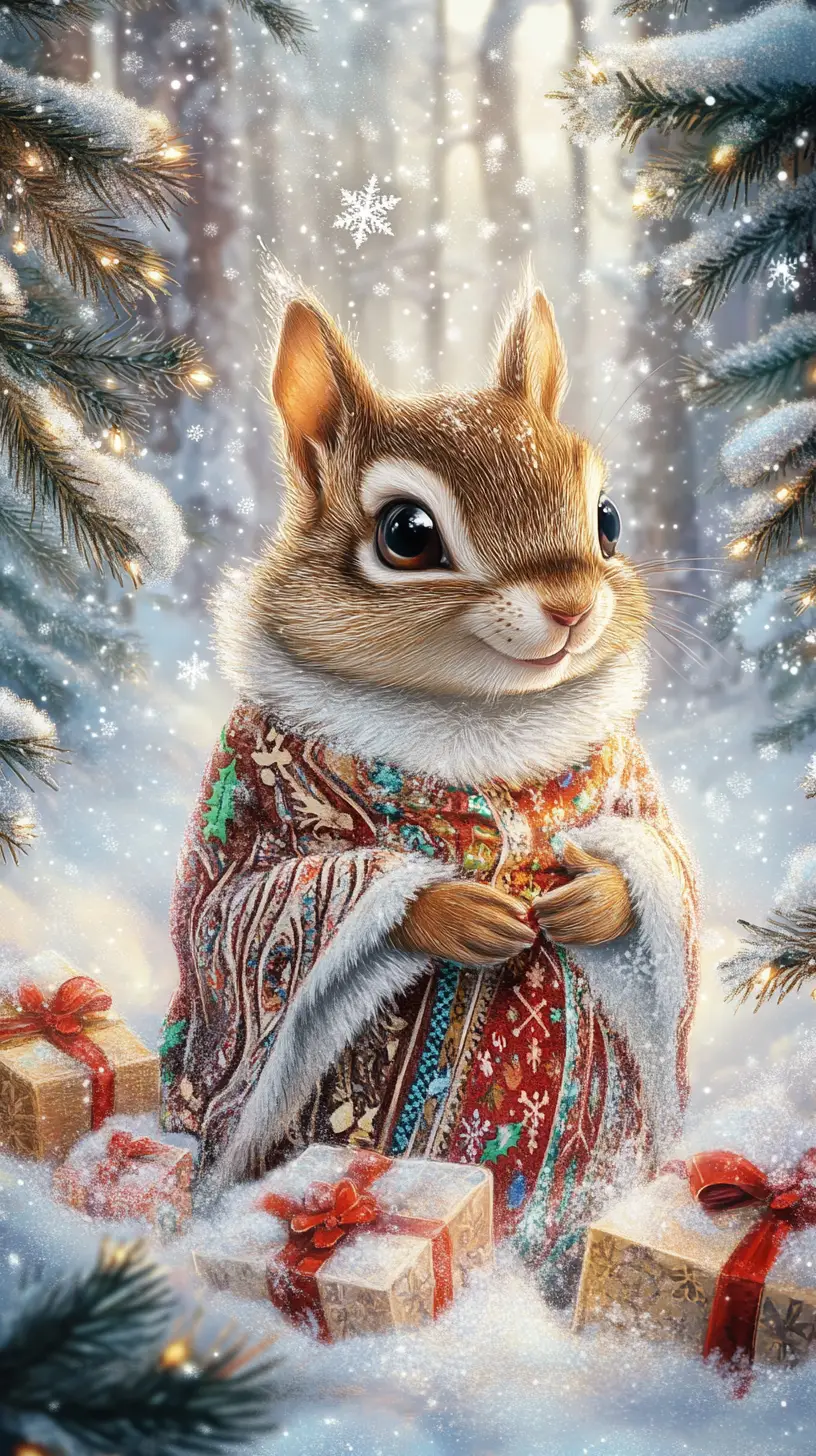 Festive chipmunk in a magical snowy forest illustration