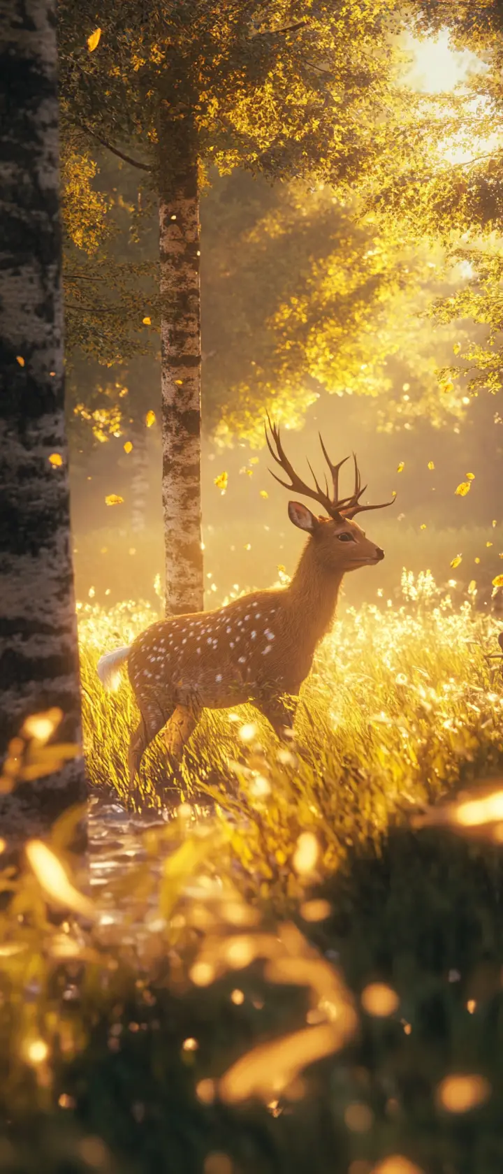 White spotted deer grazing in a peaceful sunset meadow