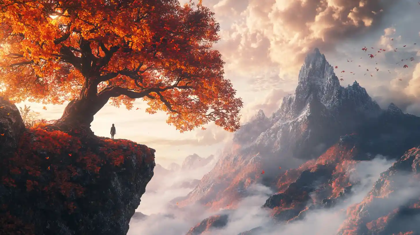 Gnarled Autumn Tree Overlooking Misty Mountain Cliffs