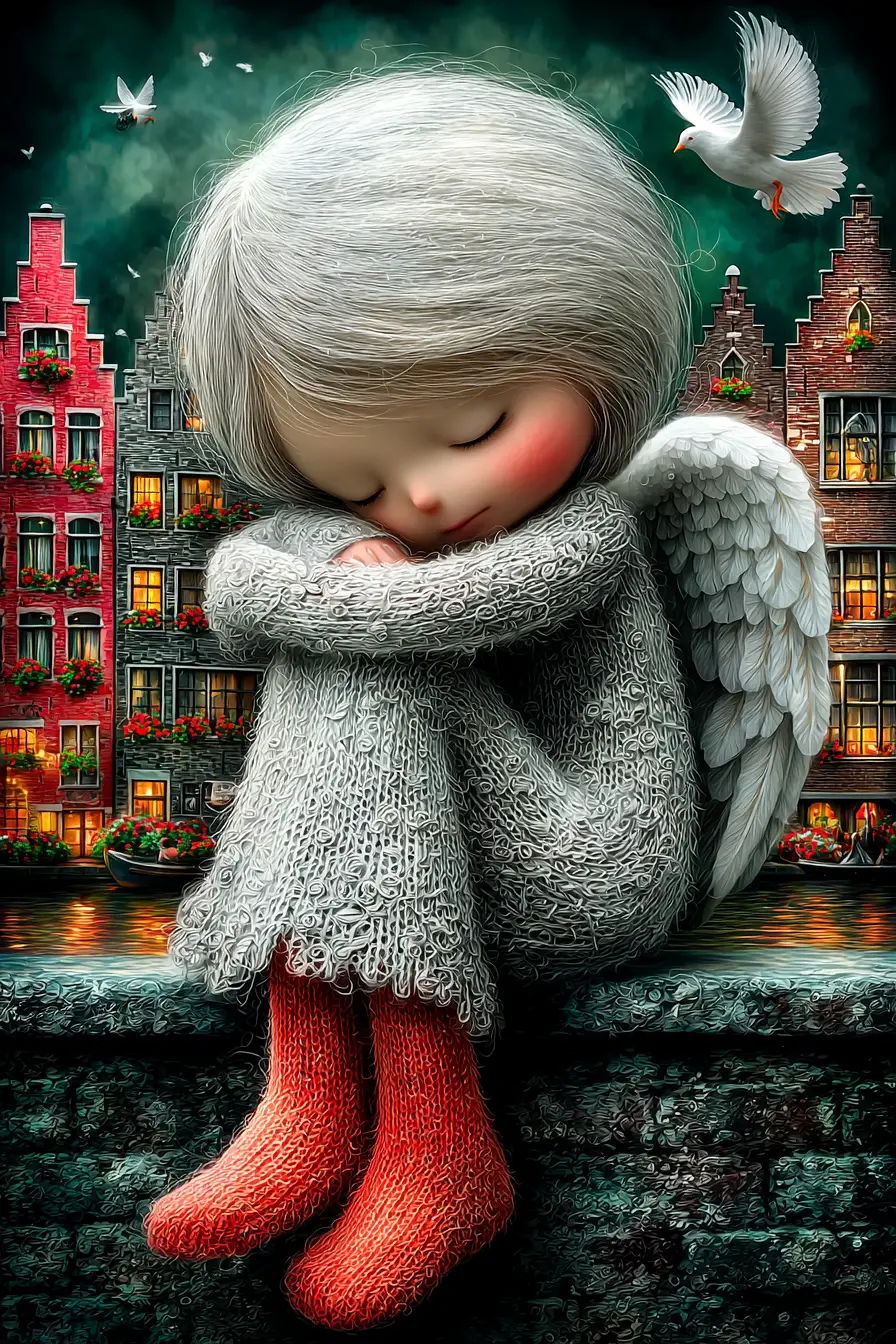 Angelic girl resting quietly above a dreamy village