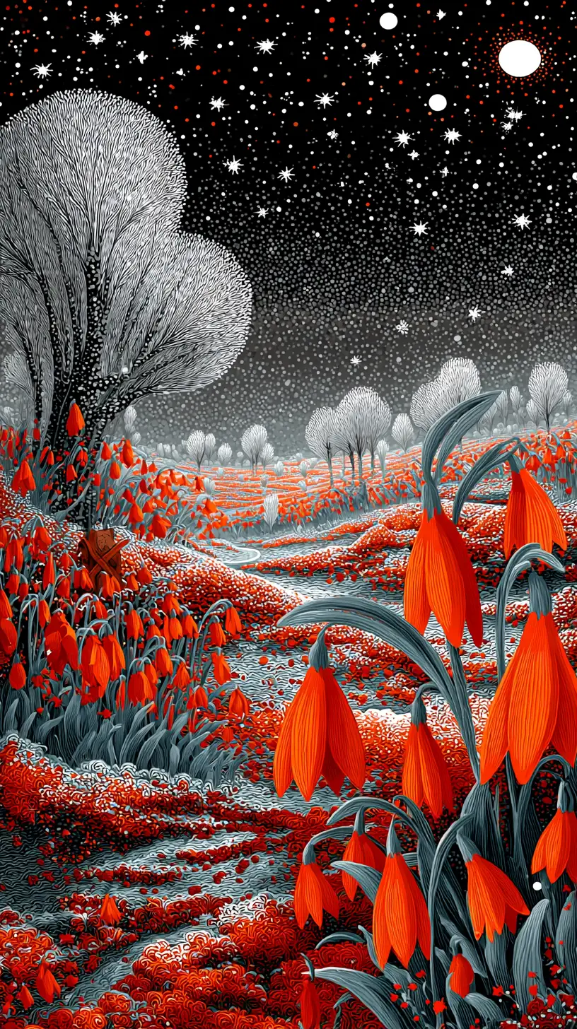 Fantastical Winter Landscape With Red Flowers On Frosted Ground