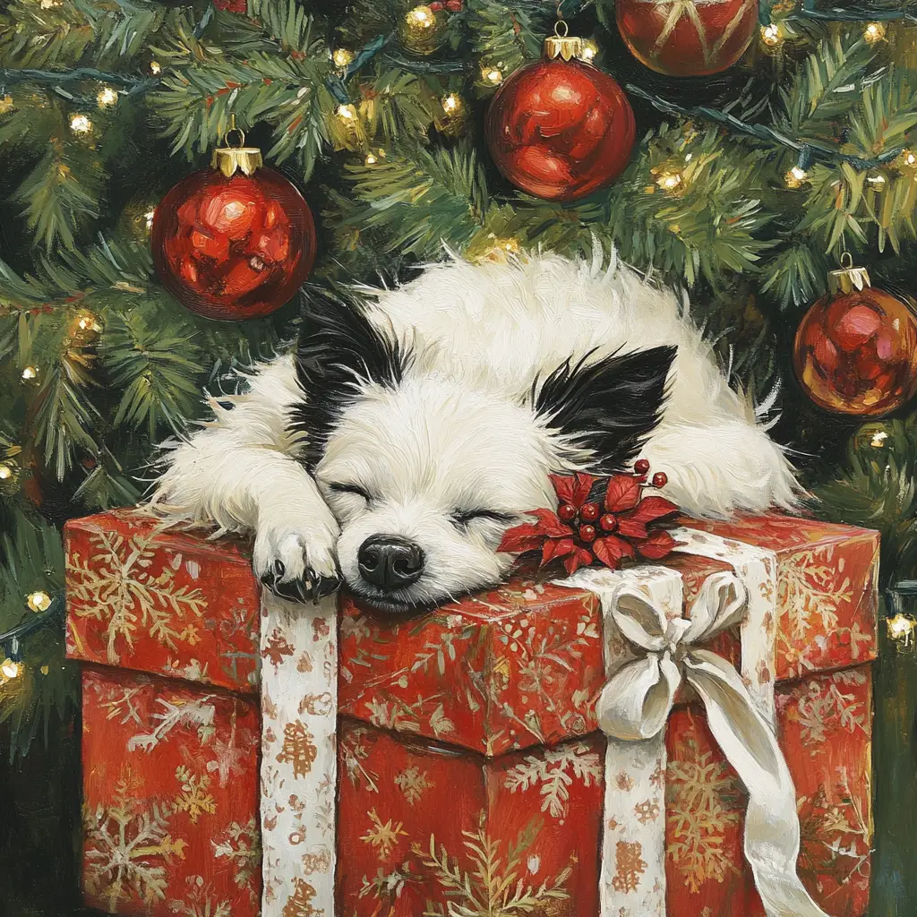 White dog resting on red gift box by christmas tree