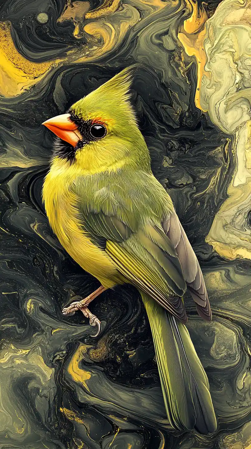 Yellow green cardinal against abstract swirling background