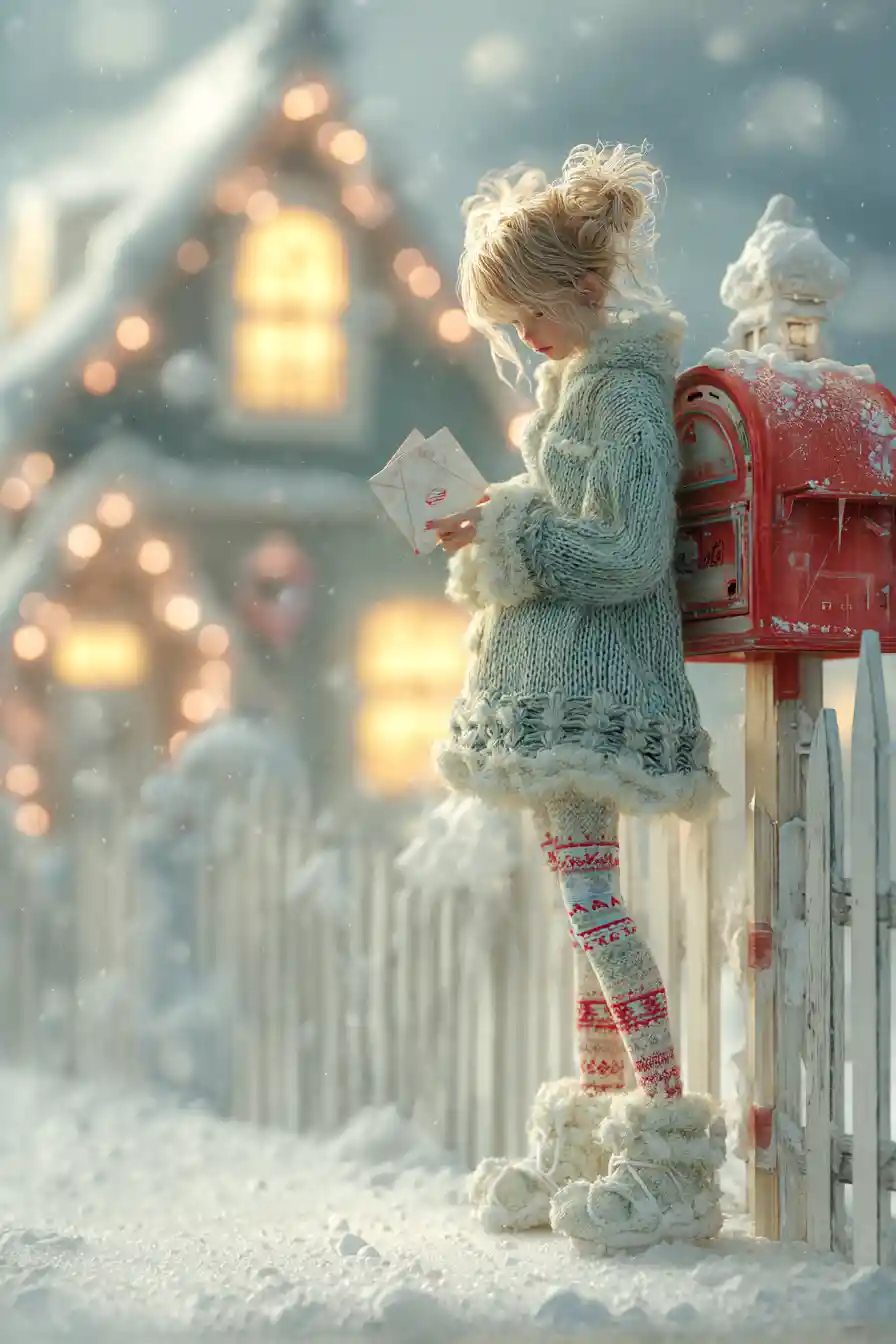 Teen girl mailing a Christmas card in a snowy yard