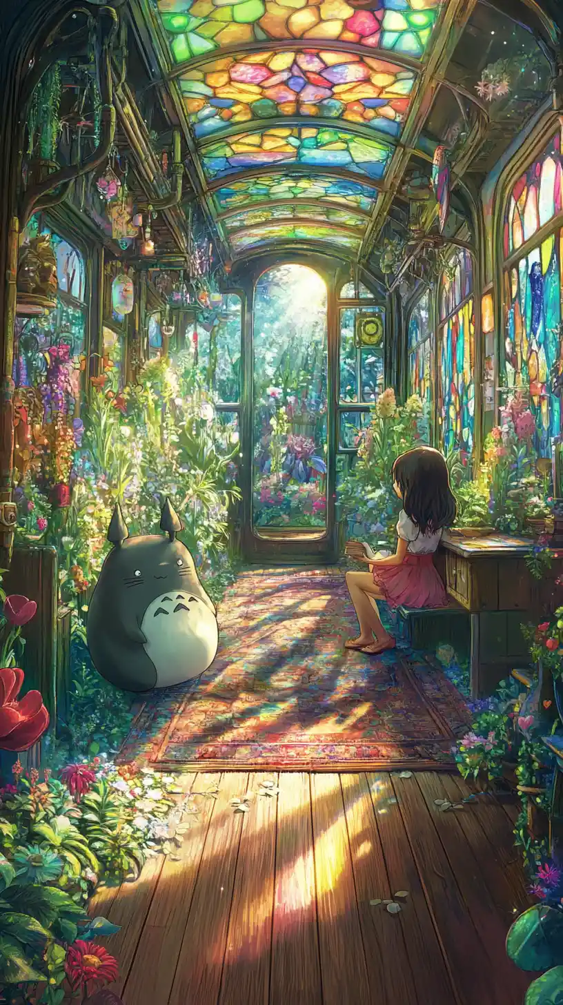 Anime girl on a plant filled fantasy train interior