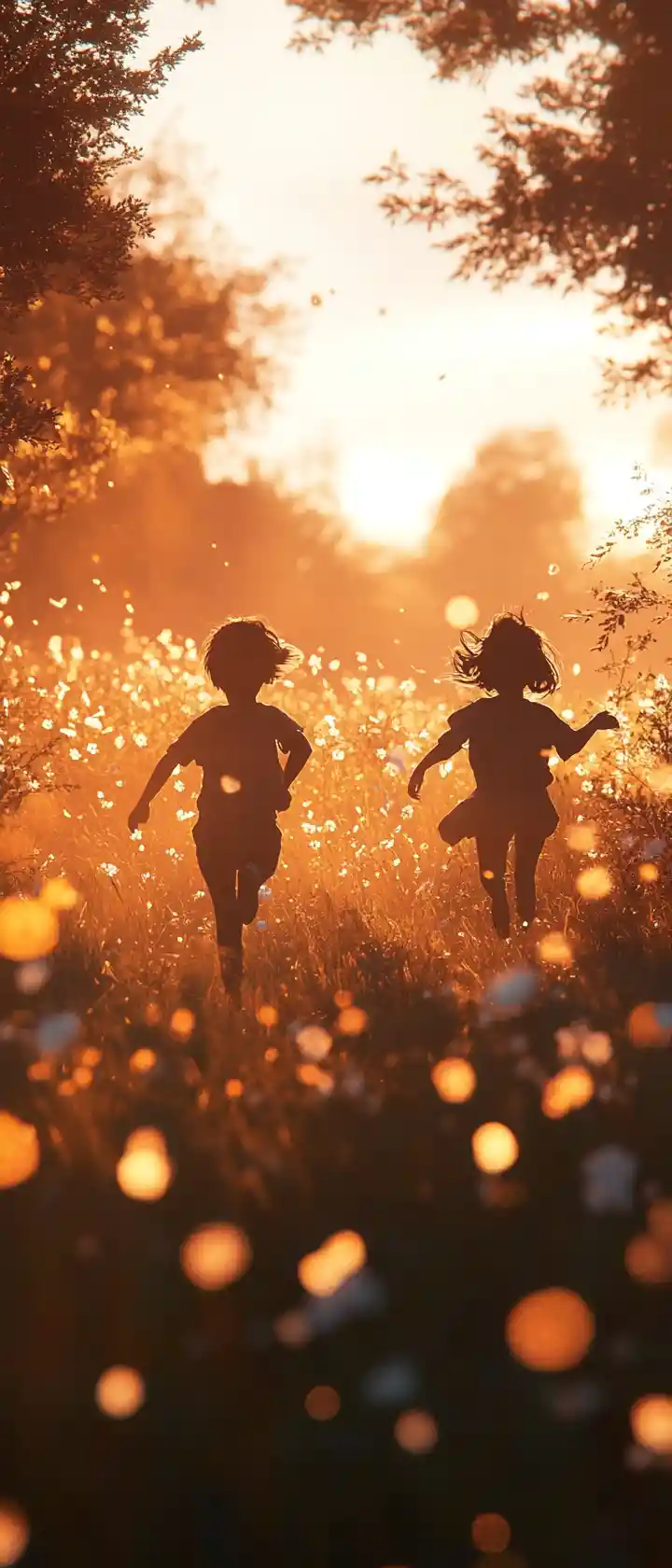 Two friends running through glowing flowers at sunset