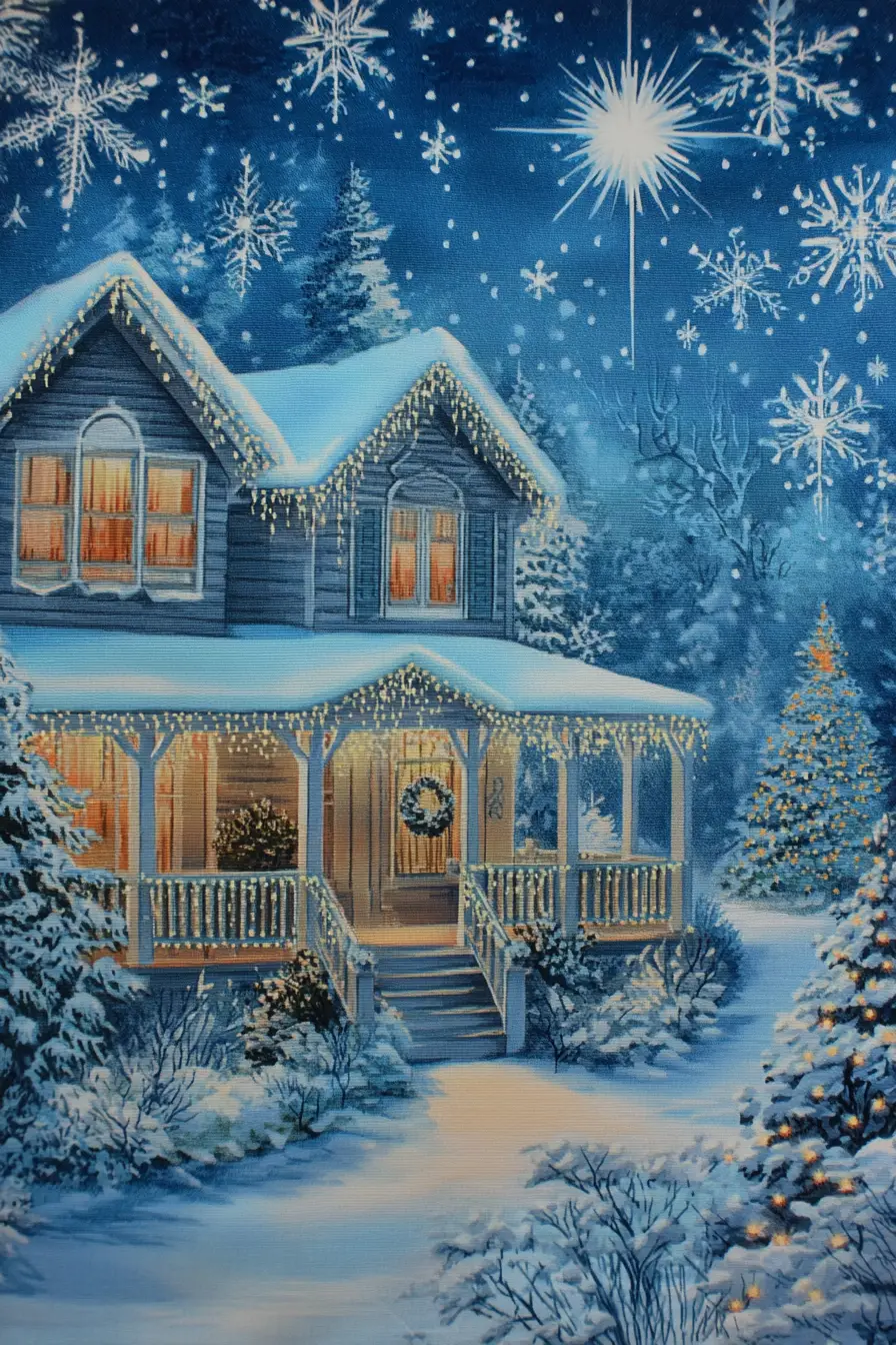 Festive snow covered house with glowing Christmas lights