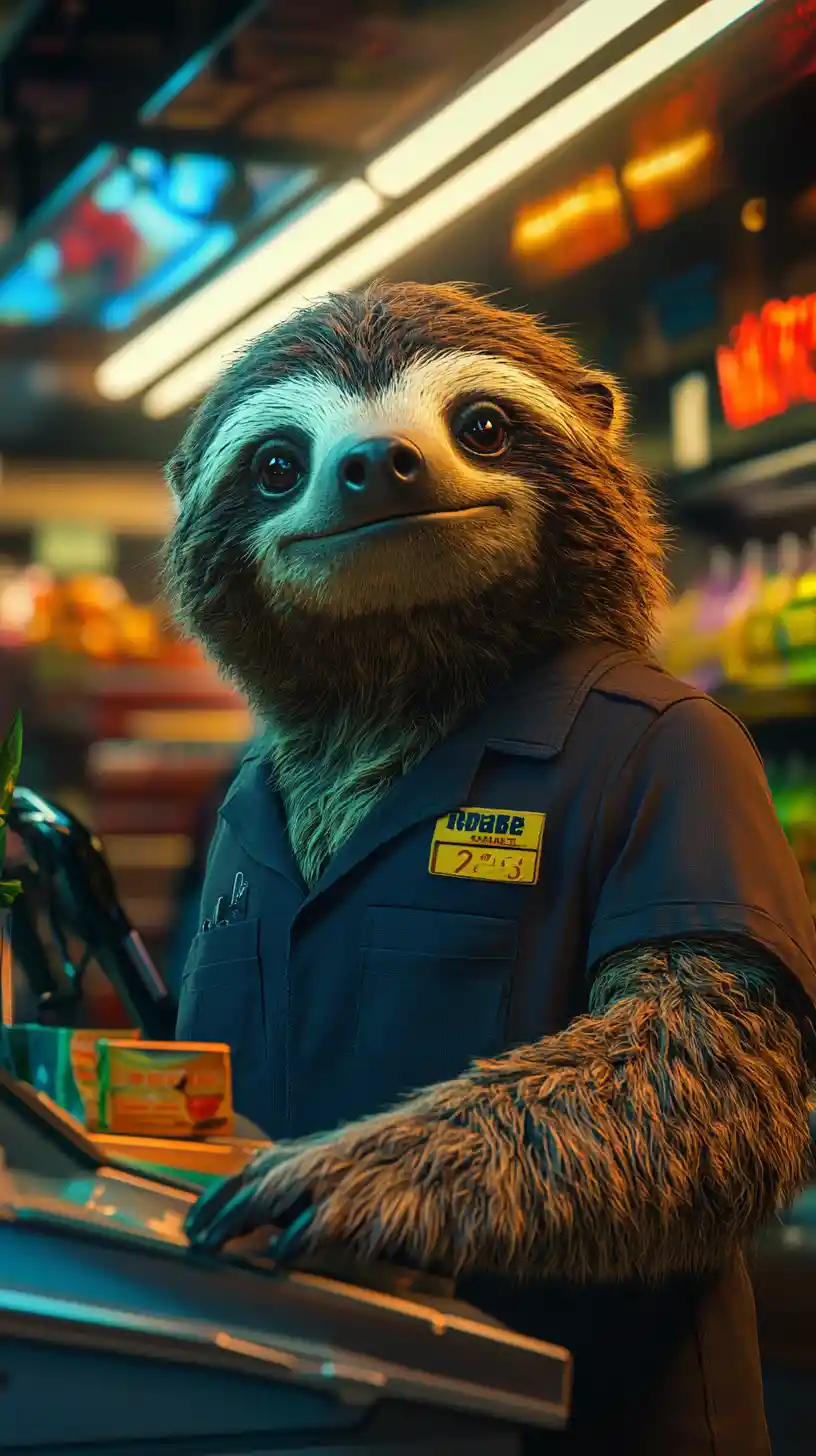 Bicho-preguiça Caixa de Supermercado em Cena Colorida de Arte Conceitual