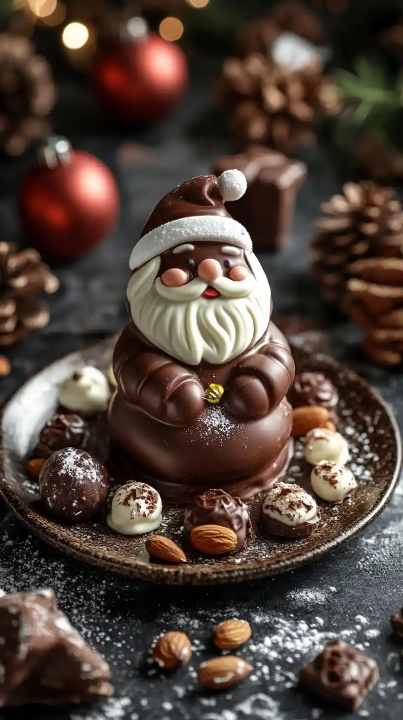 Chocolate santa on plate with nuts and cookies