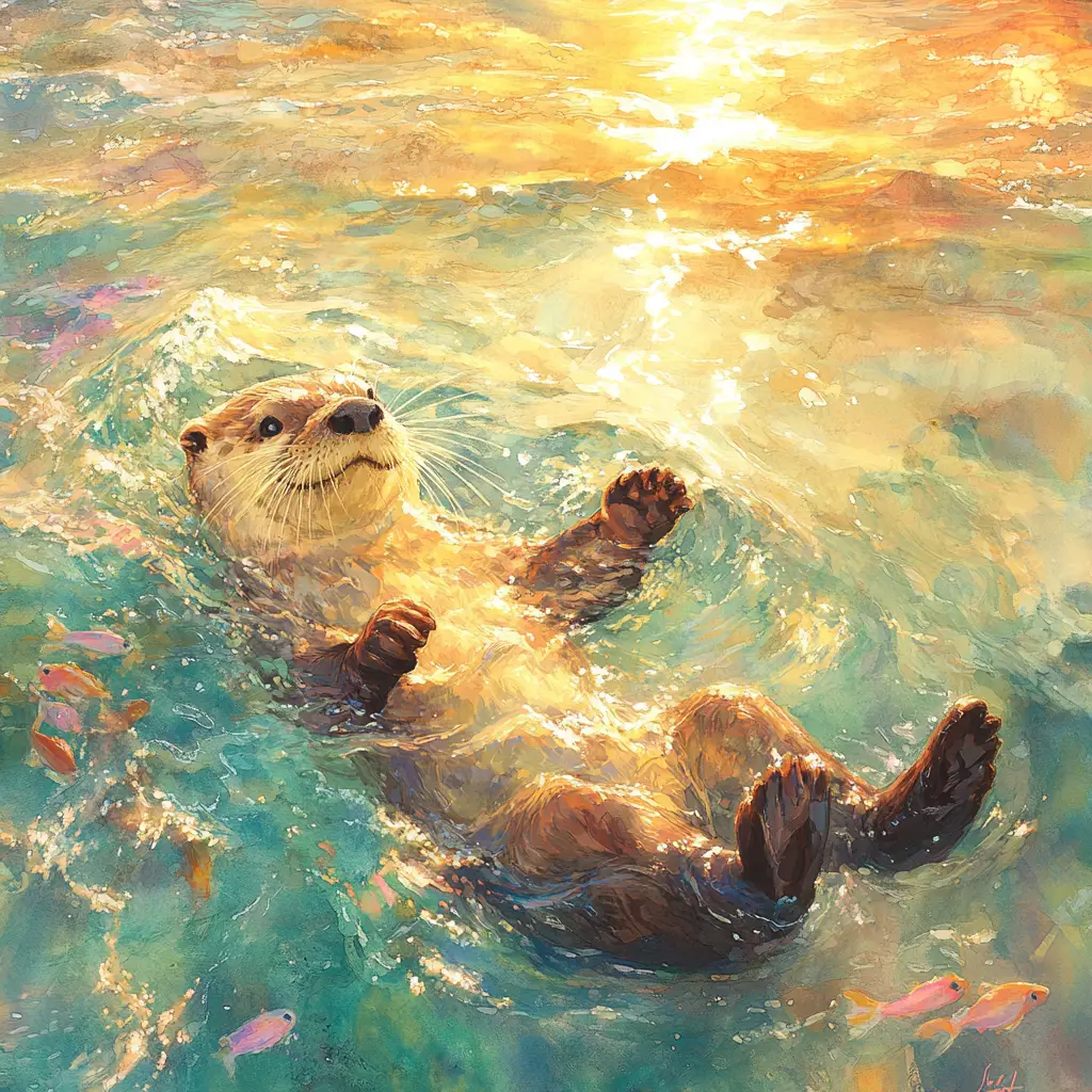 Playful otter floating in gentle golden hour waves
