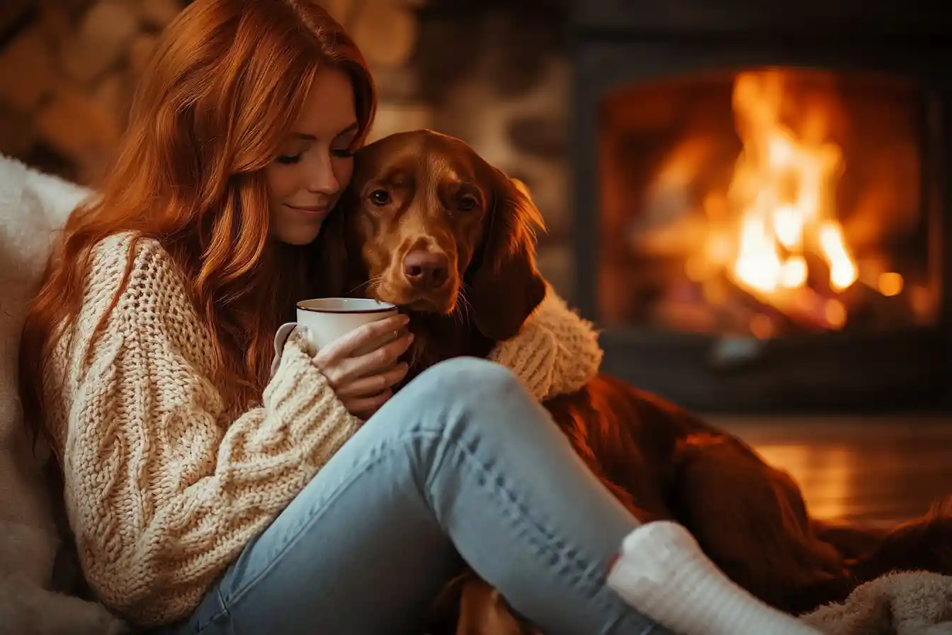 Red Haired Woman Cuddling Irish Setter By Fireplace