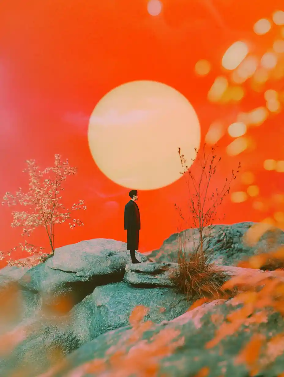 Surreal diorama collage with fiery red minimalist composition