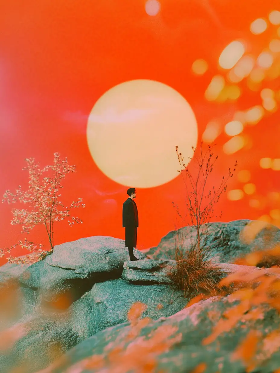 Surreal diorama collage with fiery red minimalist composition