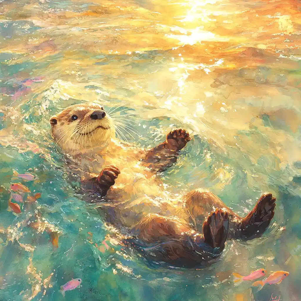 Verspielter Otter, der in sanften Wellen der goldenen Stunde treibt