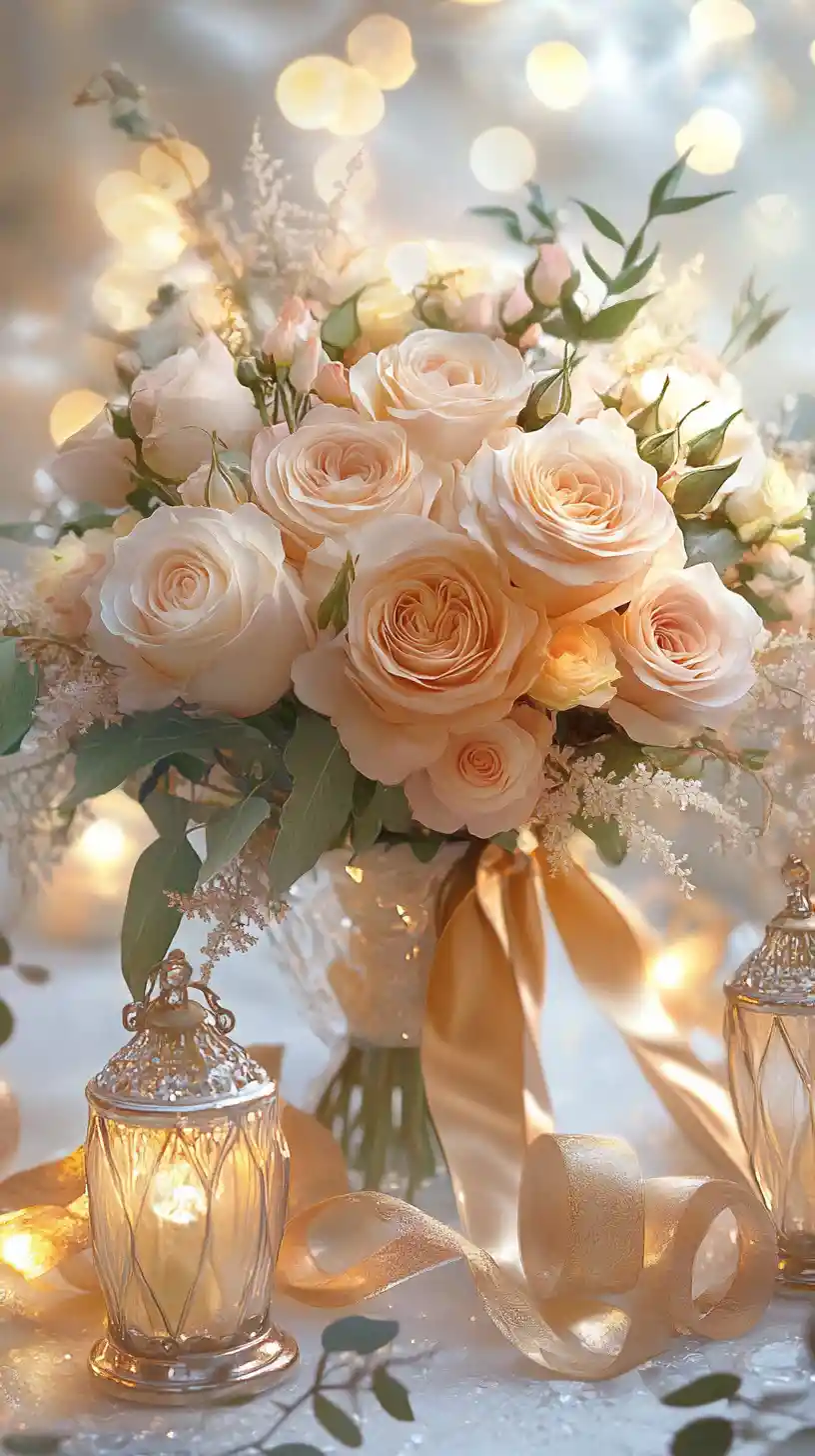 Pastel rose bouquet with golden ribbons on frosted table