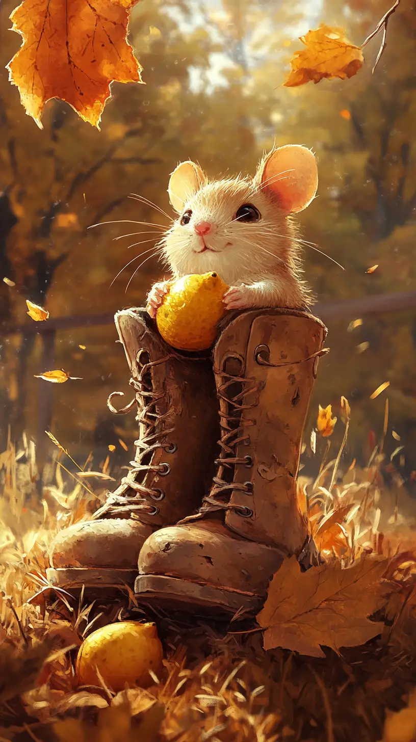 Cute cartoon mouse in a boot under a leaf