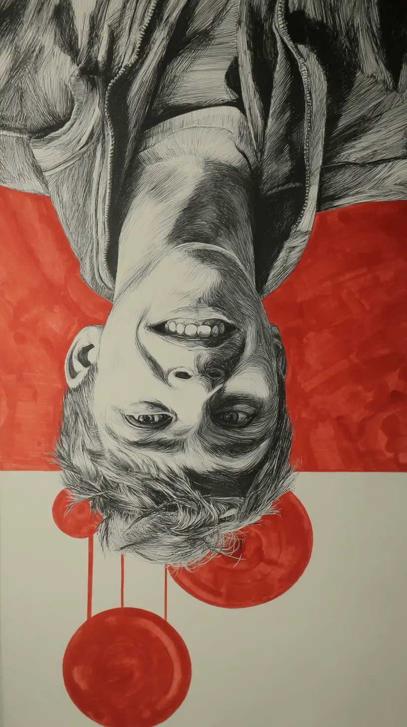 Upside down boy in mixed media painting artwork
