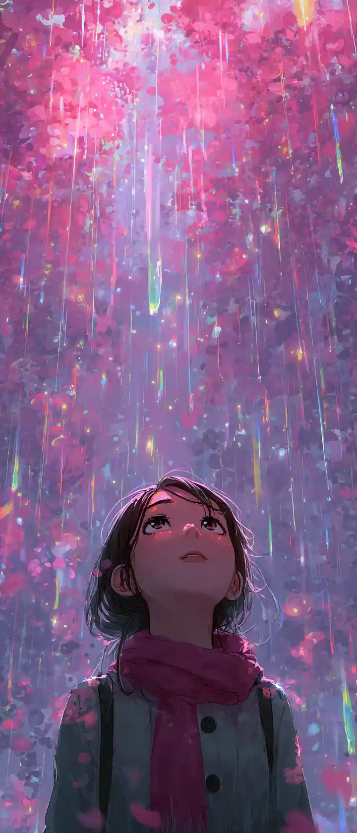 Anime girl in glowing rainstorm with falling cherry blossoms