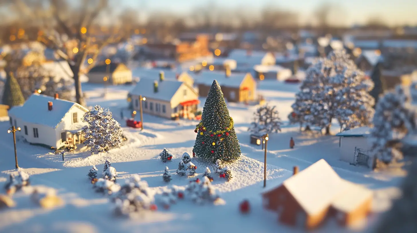 Snow covered midwest town on a sunny christmas morning