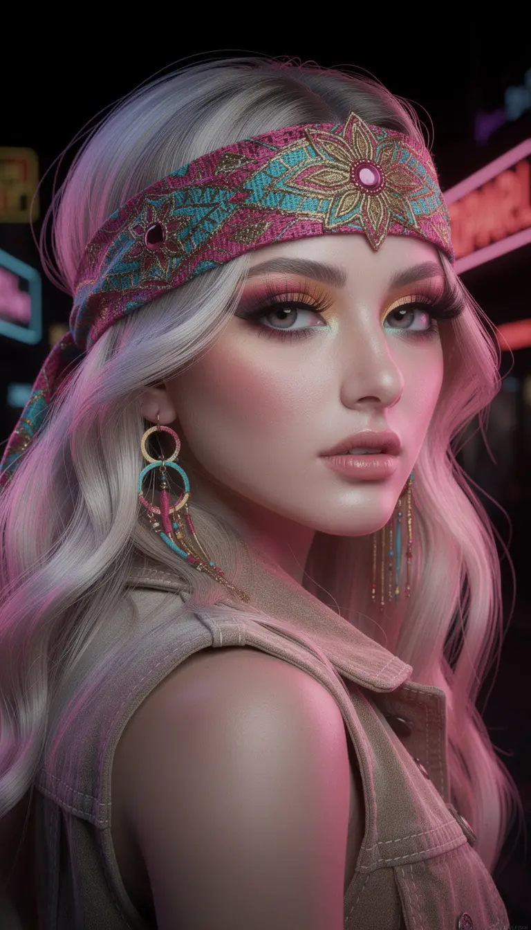 Hippie woman with bold headband in surreal digital portrait