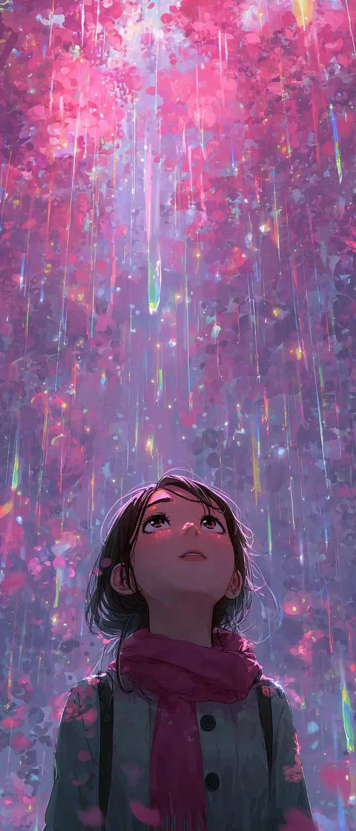 Anime girl in glowing rainstorm with falling cherry blossoms