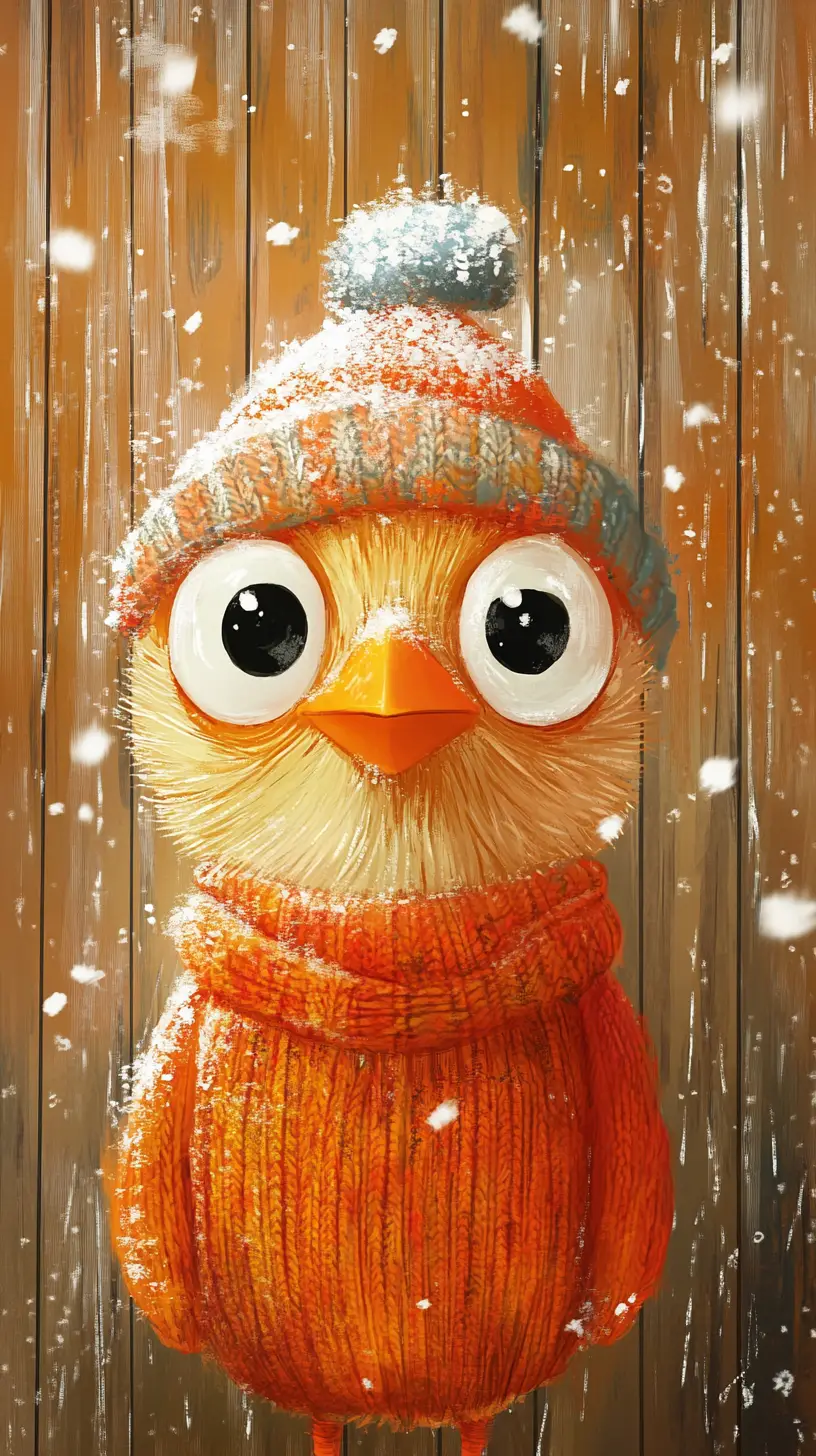 Playful cartoon chicken in snow on orange abstract background