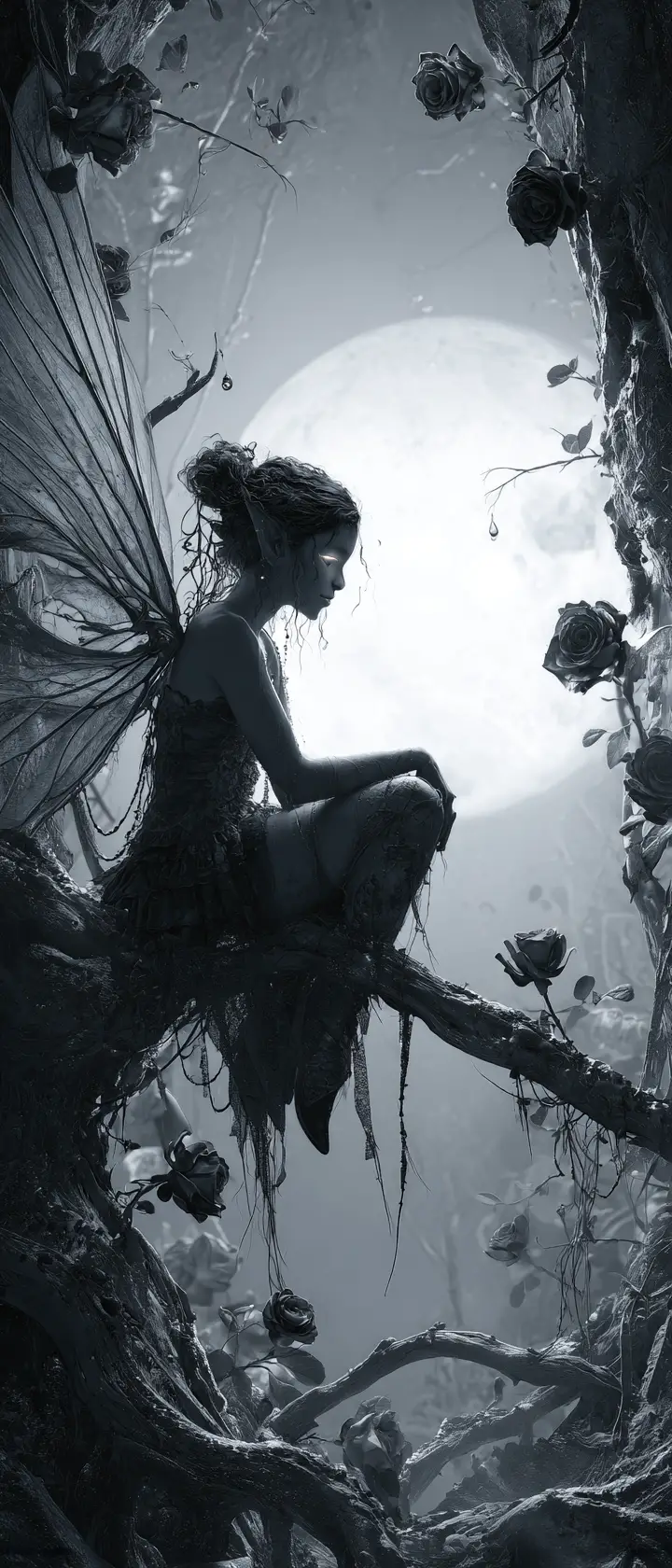 Fairy Hovering Over A Decaying Moonlit Fantasy Garden