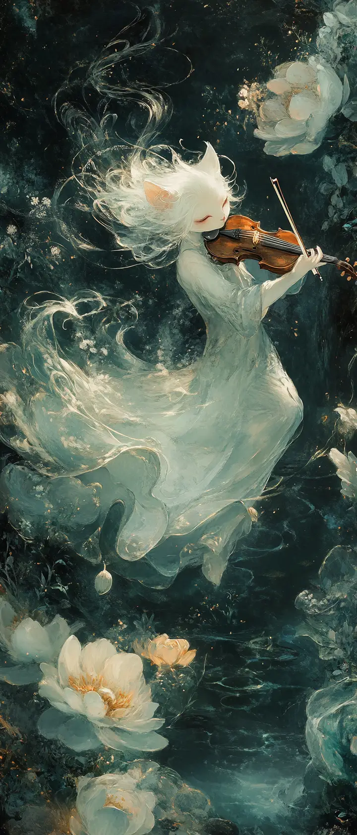 Ghostly cat dancing with violin in forgotten garden