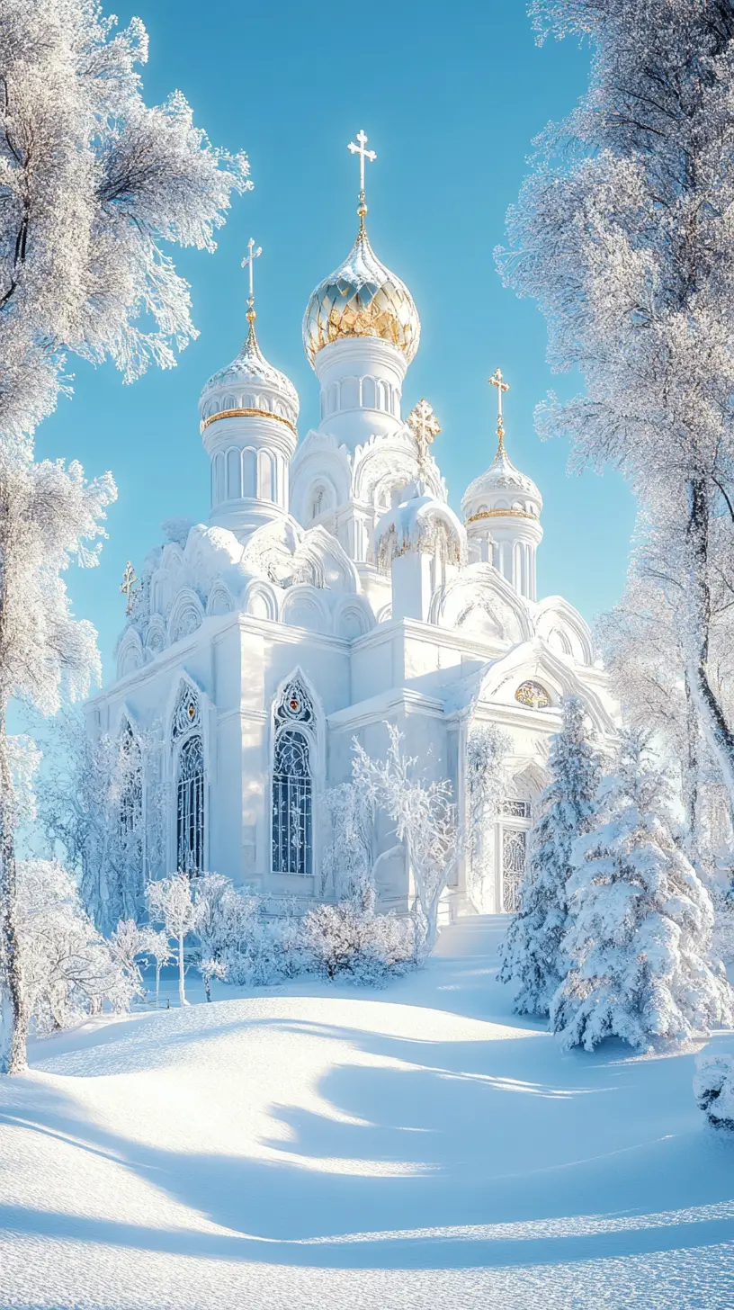 Golden domed orthodox church in snowy winter landscape