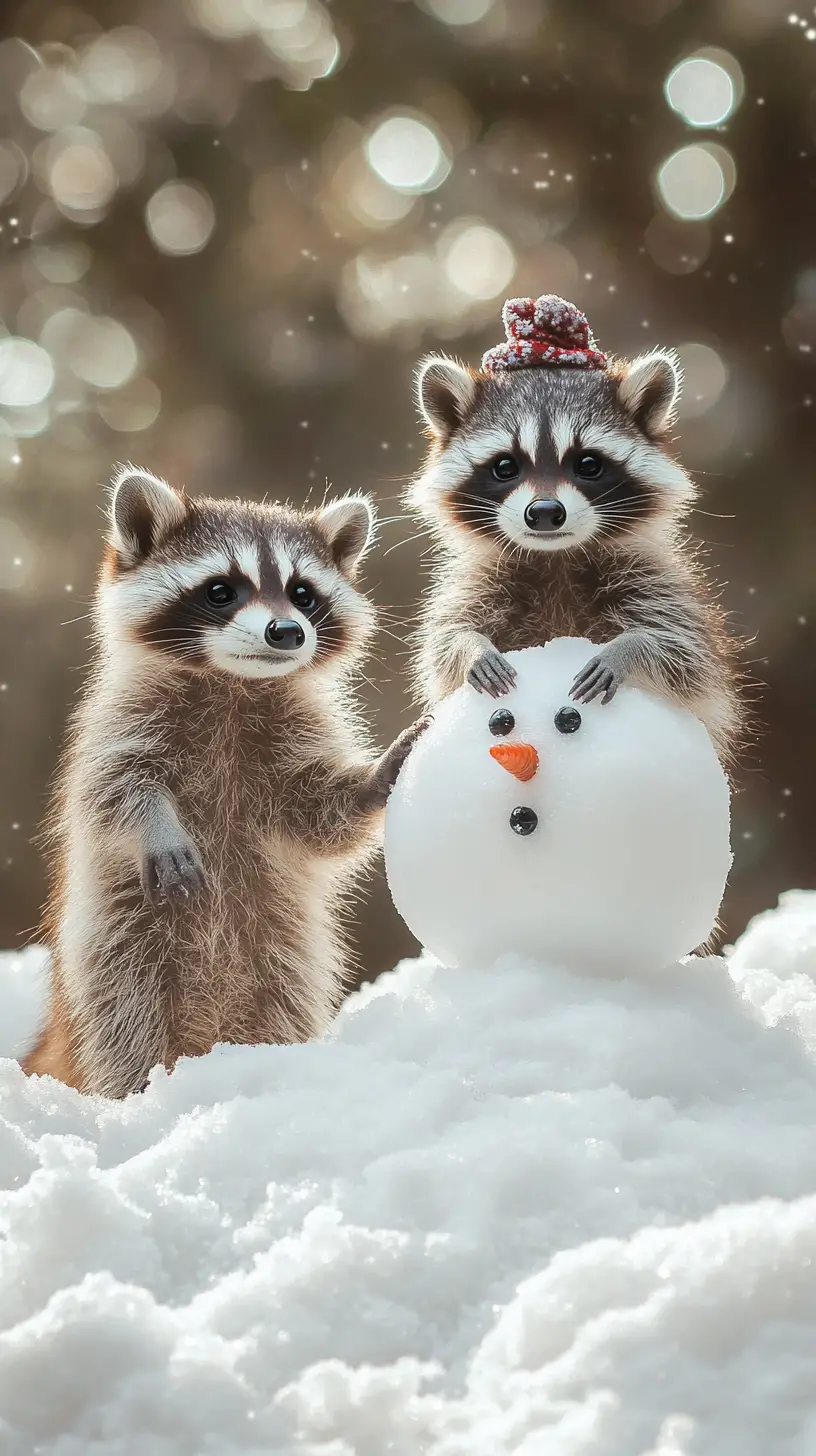 Two playful raccoons with snowman in winter scene