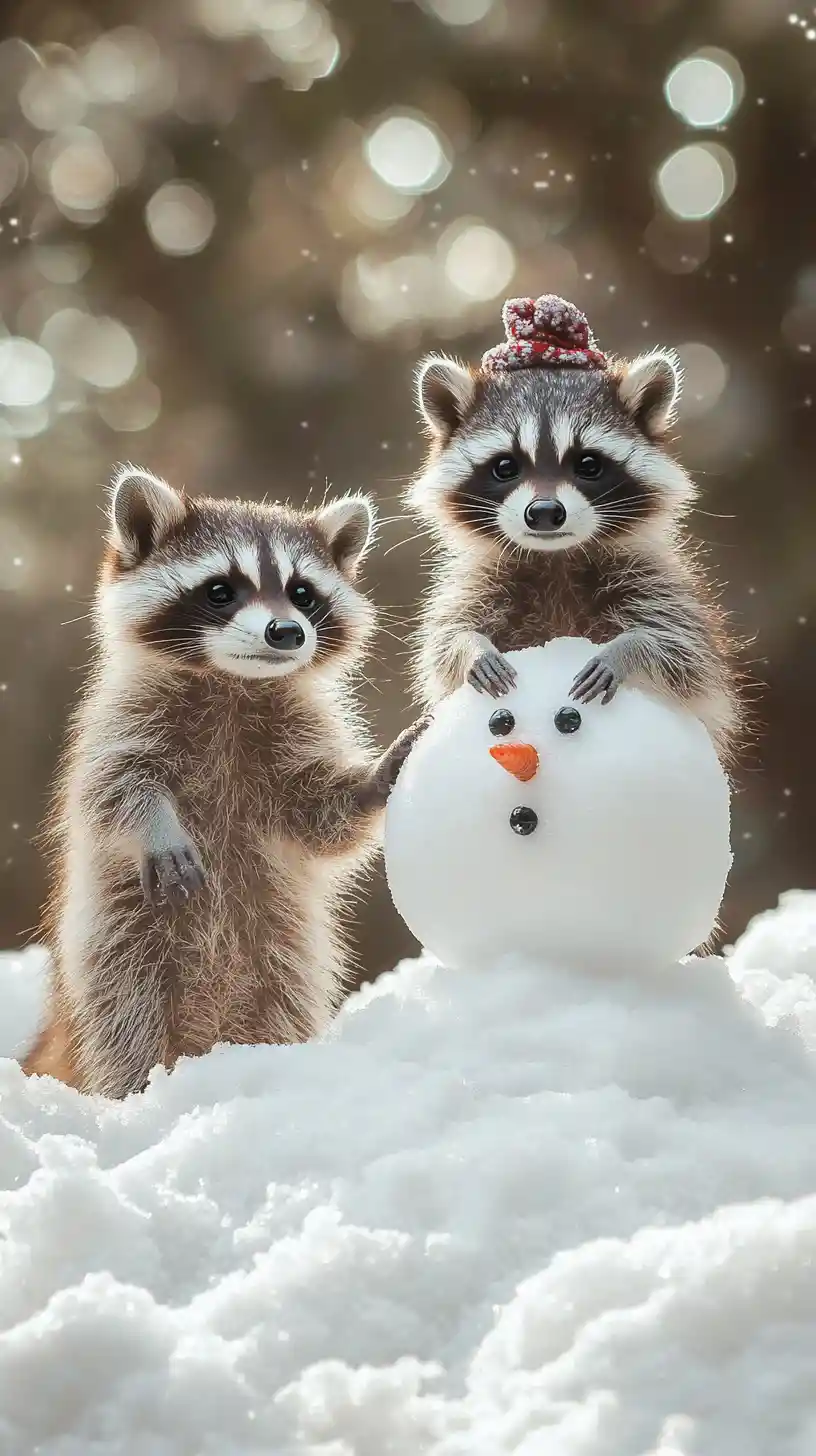 Deux ratons laveurs enjoués avec un bonhomme de neige dans une scène hivernale
