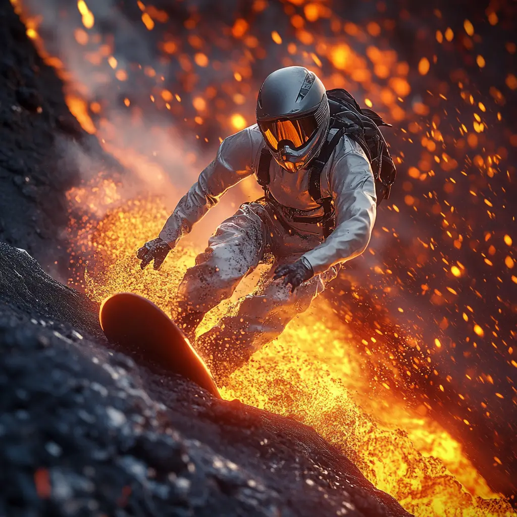 Extreme athlete surfing molten lava on erupting volcano