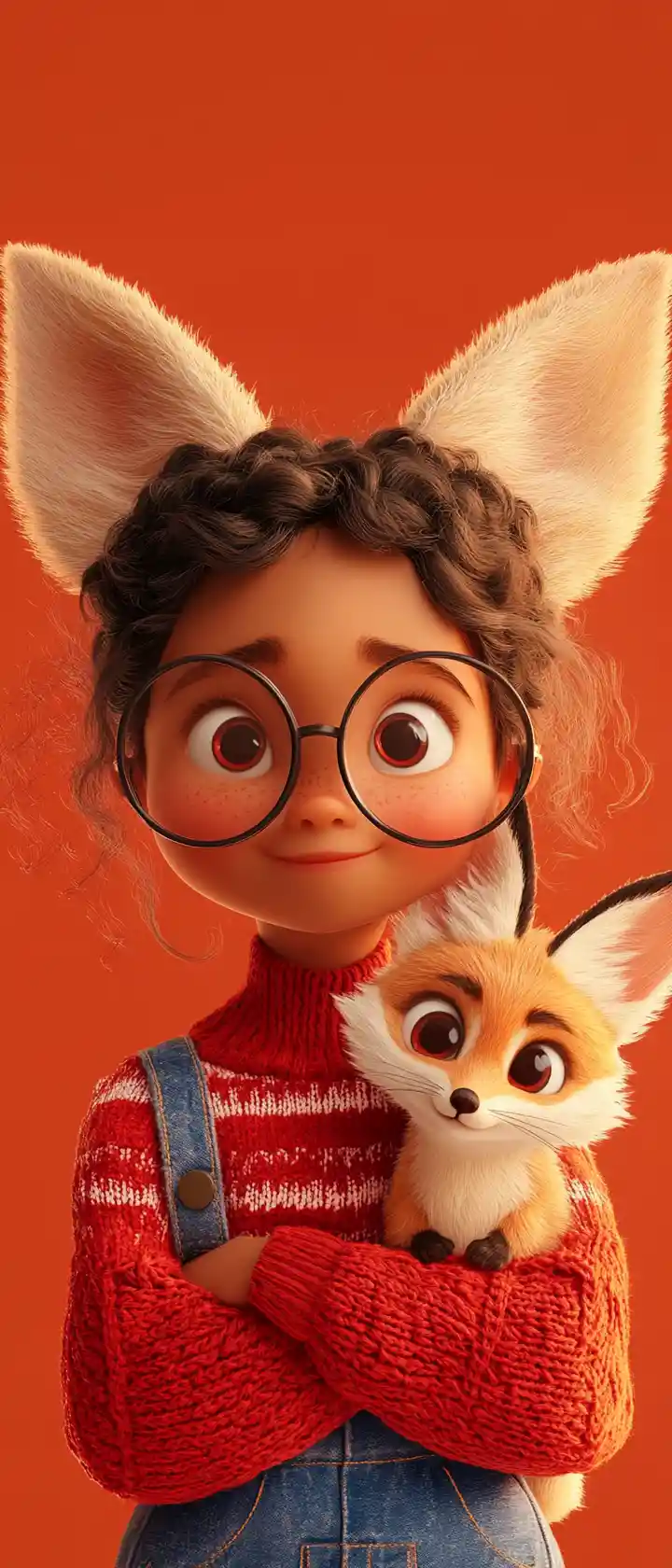 3d girl with glasses and fennec fox on shoulder