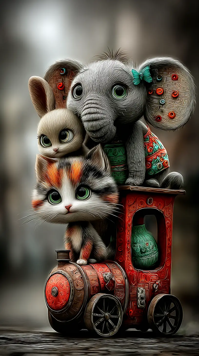 Cute animals riding together on a red steam carriage