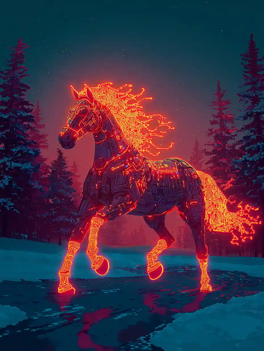 Fiery Neon Horse Galloping Through Snowy Russian Taiga